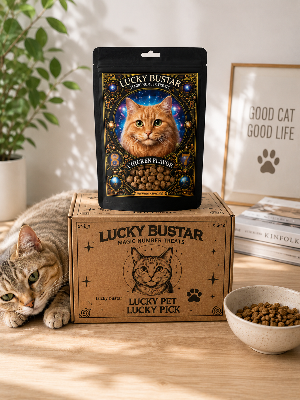Lucky Bustar cat treats packaging with a cat on a box and another cat nearby.