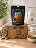 Lucky Bustar cat treats packaging with a cat on a box and another cat nearby.