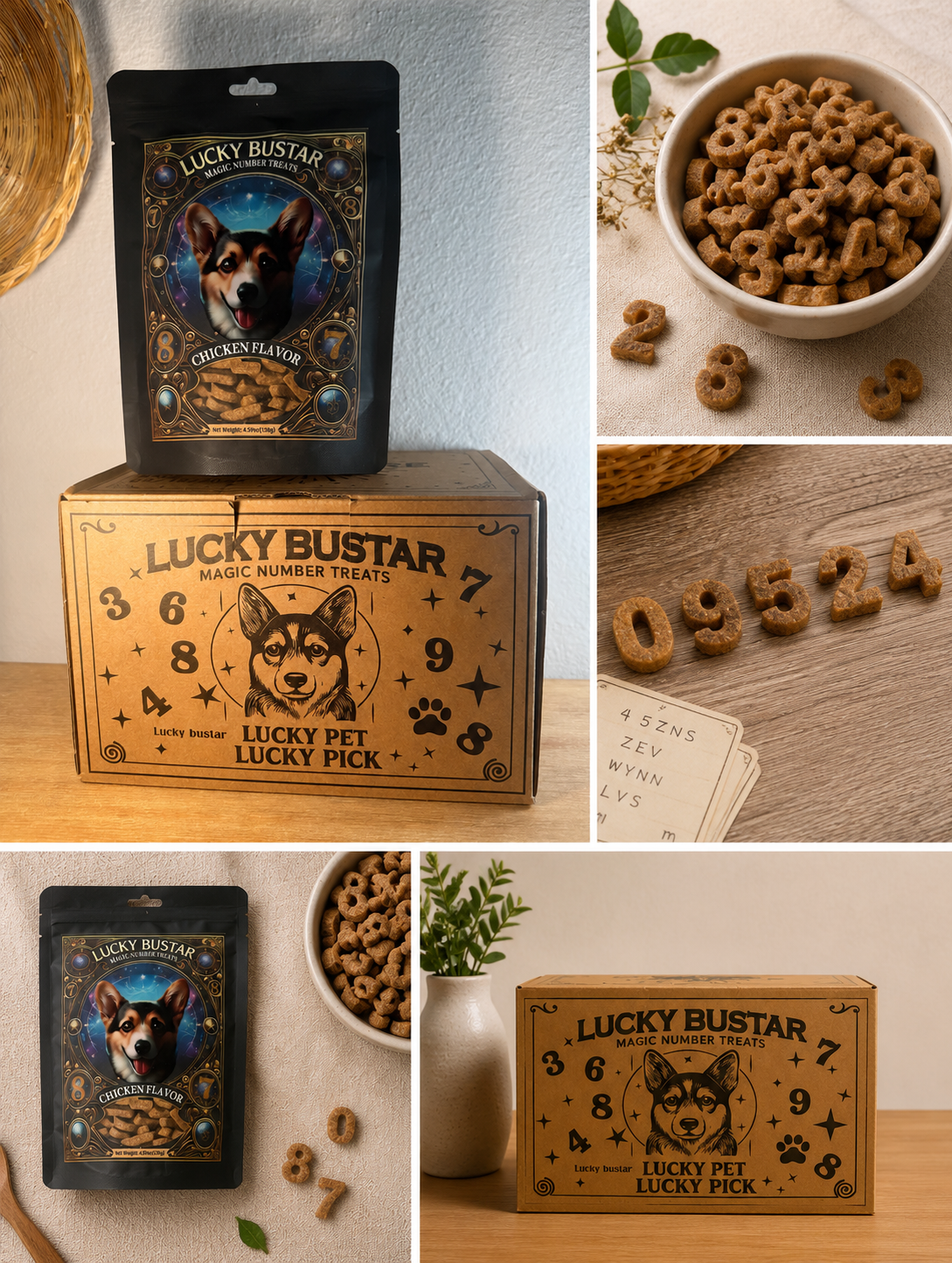 Collage of Lucky Bustar pet treats packaging, treats in a bowl, and treats on a surface with numbers.