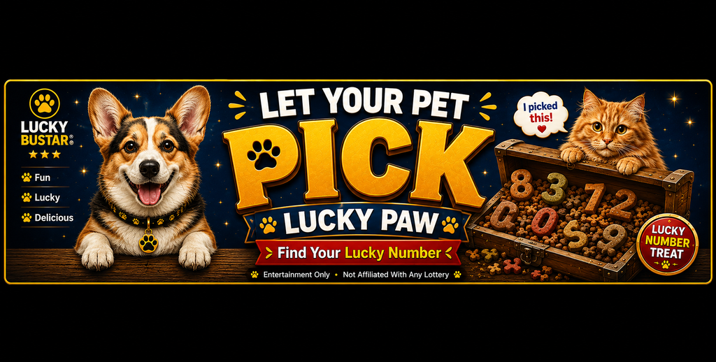 Lucky Bustar Let Your Pet Pick Lucky Paw promotional graphic showing a dog and cat choosing lucky numbers from a treasure chest