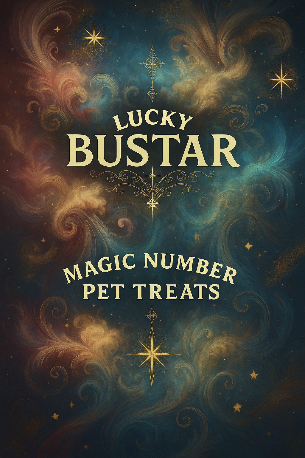 Lucky Bustar Magic Number Pet Treats brand cover art with a mystical night-sky design
