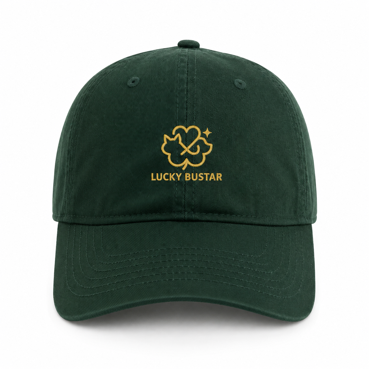 Green cap with 'Lucky Bustar' logo on a white background