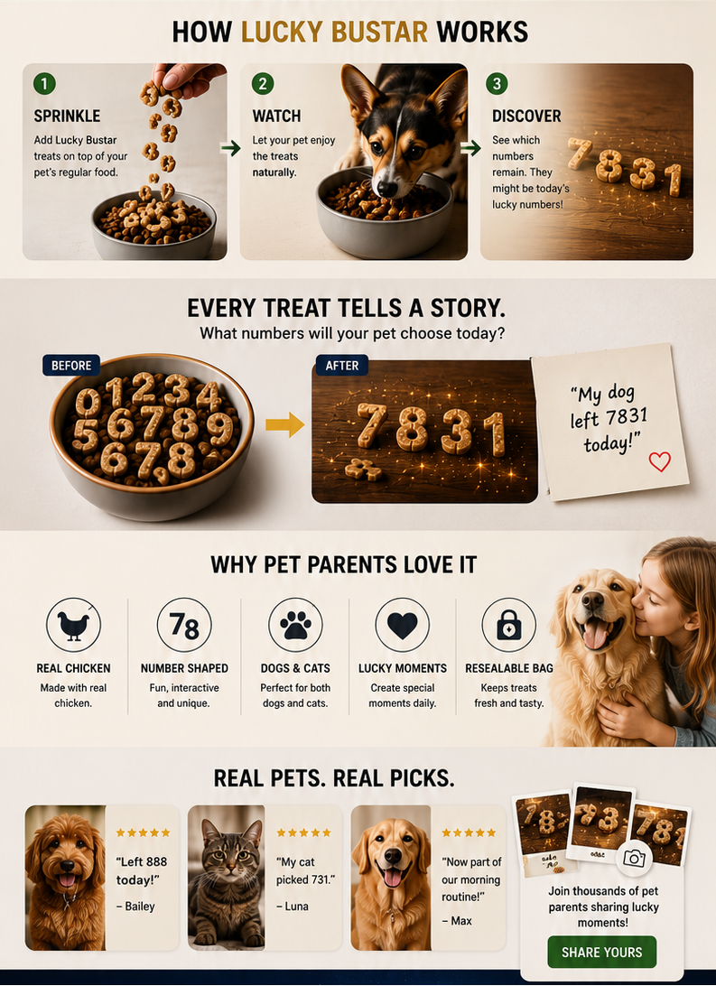 Lucky Buster pet product website with images of dogs and text about pet luck numbers.