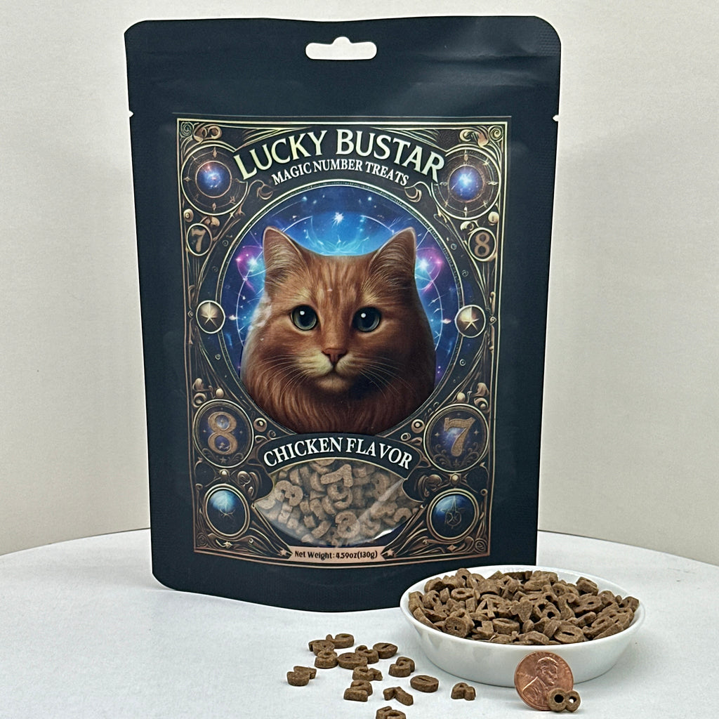 Lucky Bustar Magic Number cat treats bag with a bowl of chicken-flavored number-shaped treats and a coin for size reference