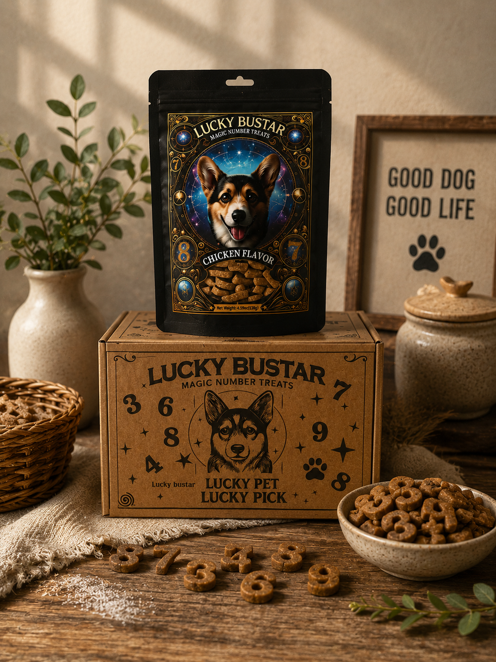 Lucky Bustar dog treats packaging on a wooden surface with treats and a sign in the background.
