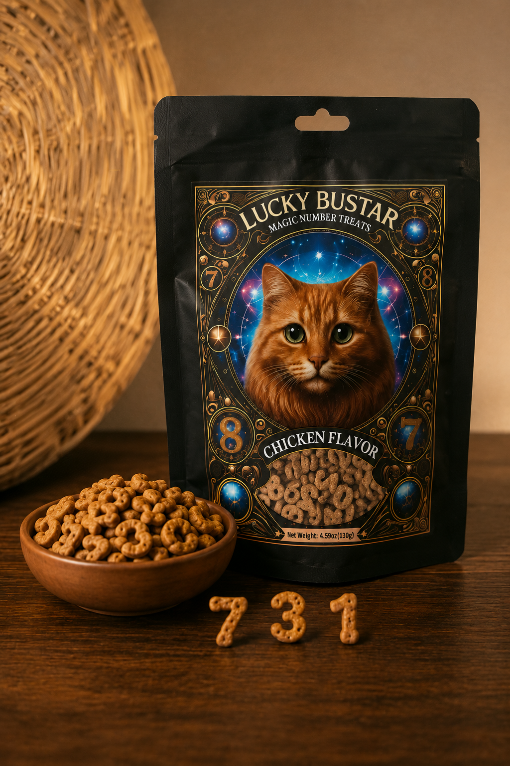 Happy orange cat next to Lucky Bustar chicken flavor magic number treats