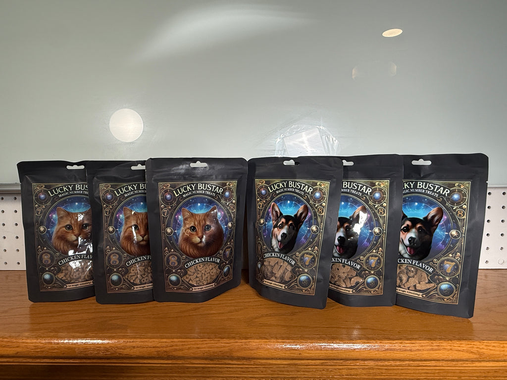Six Lucky Bustar Magic Number treat bags, three cat and three dog chicken-flavored pouches, displayed on a wooden shelf